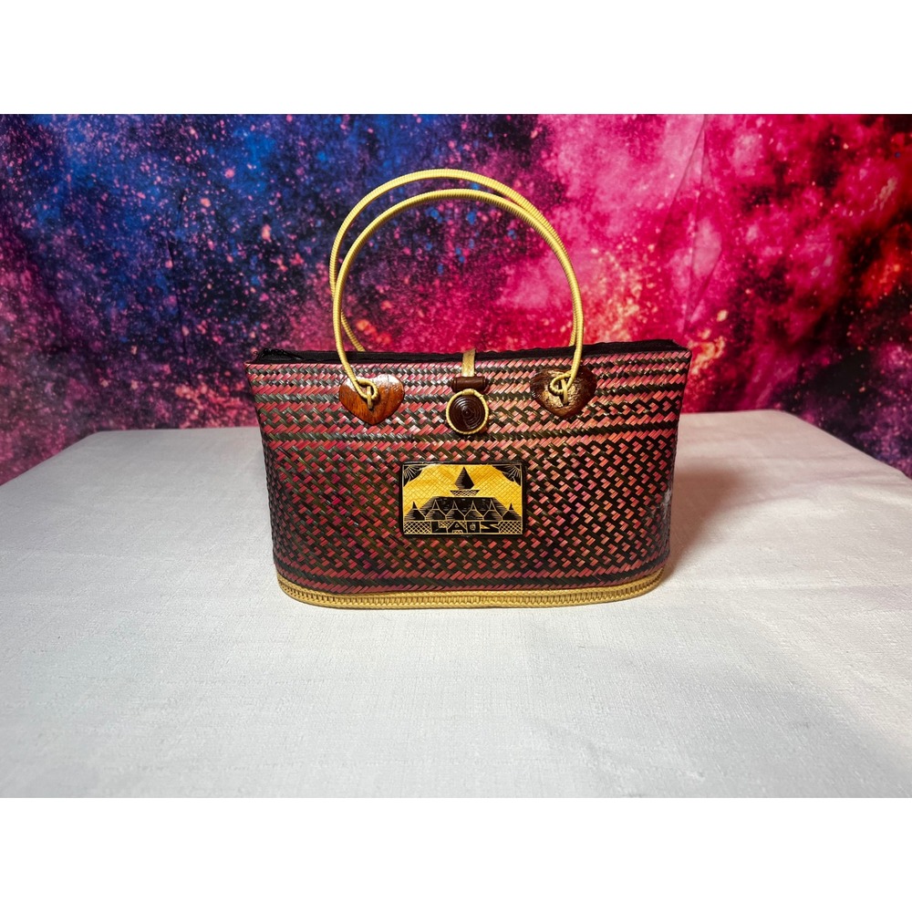 Vintage Laos Handwoven Straw Handbag Pink Black Woven Souvenir Tote Bag